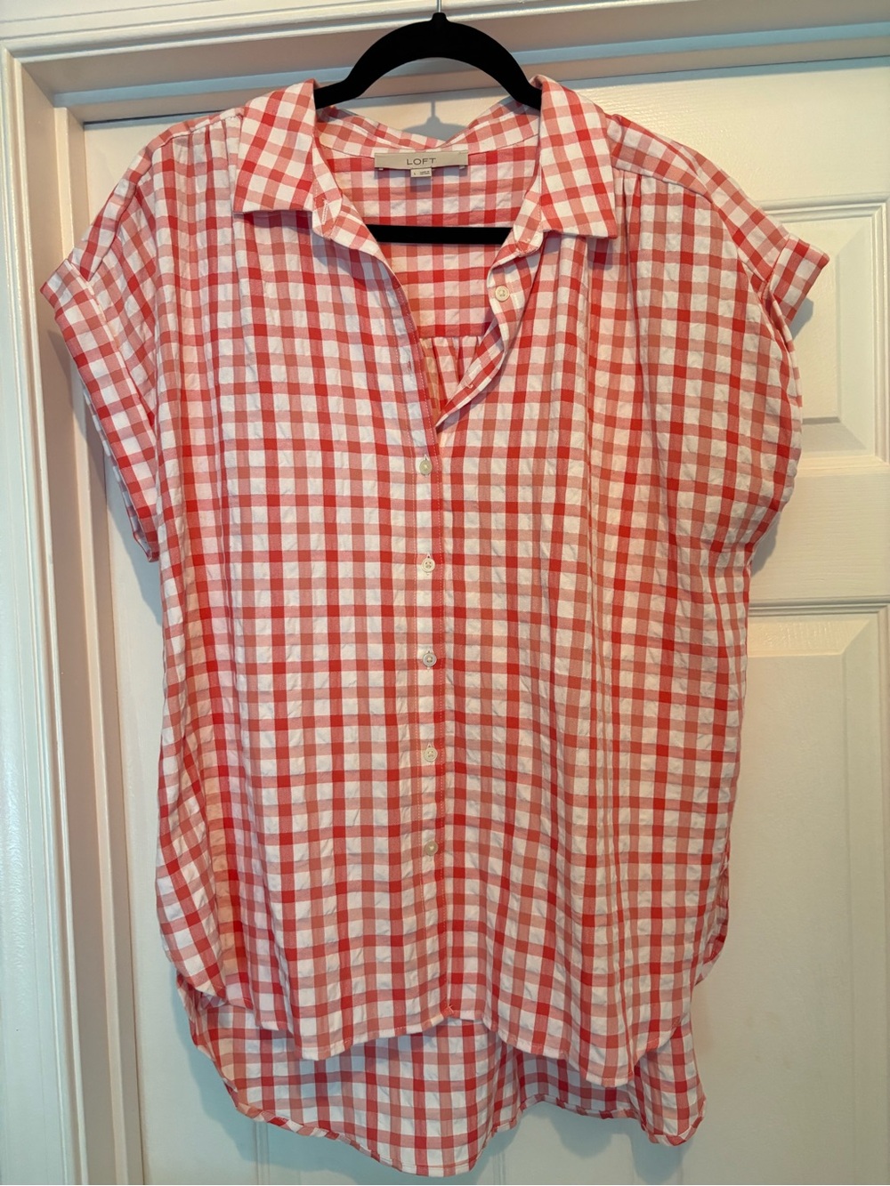 LOFT Red and White Gingham Button-Up Cap Sleeve Top